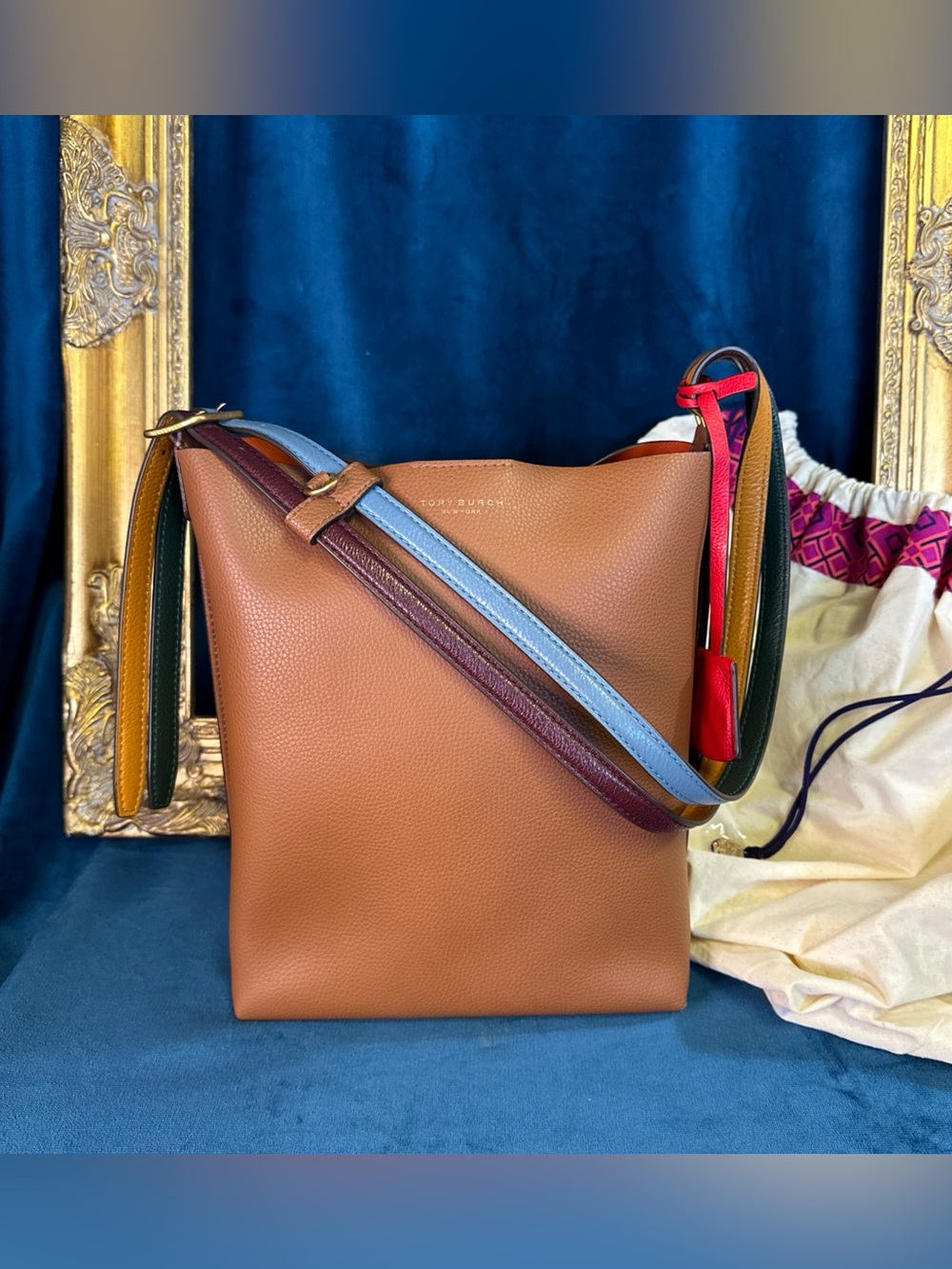 Tory Burch Perry Bucket Hobo Bag Umber Brown Leather Shoulder Tote W/dustbag